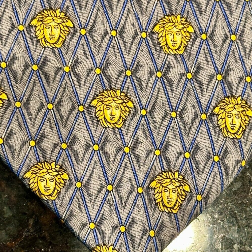 Vintage Gianni Versace Luxury Tie Silver/Blue/Gold Printed Silk Medusa Necktie